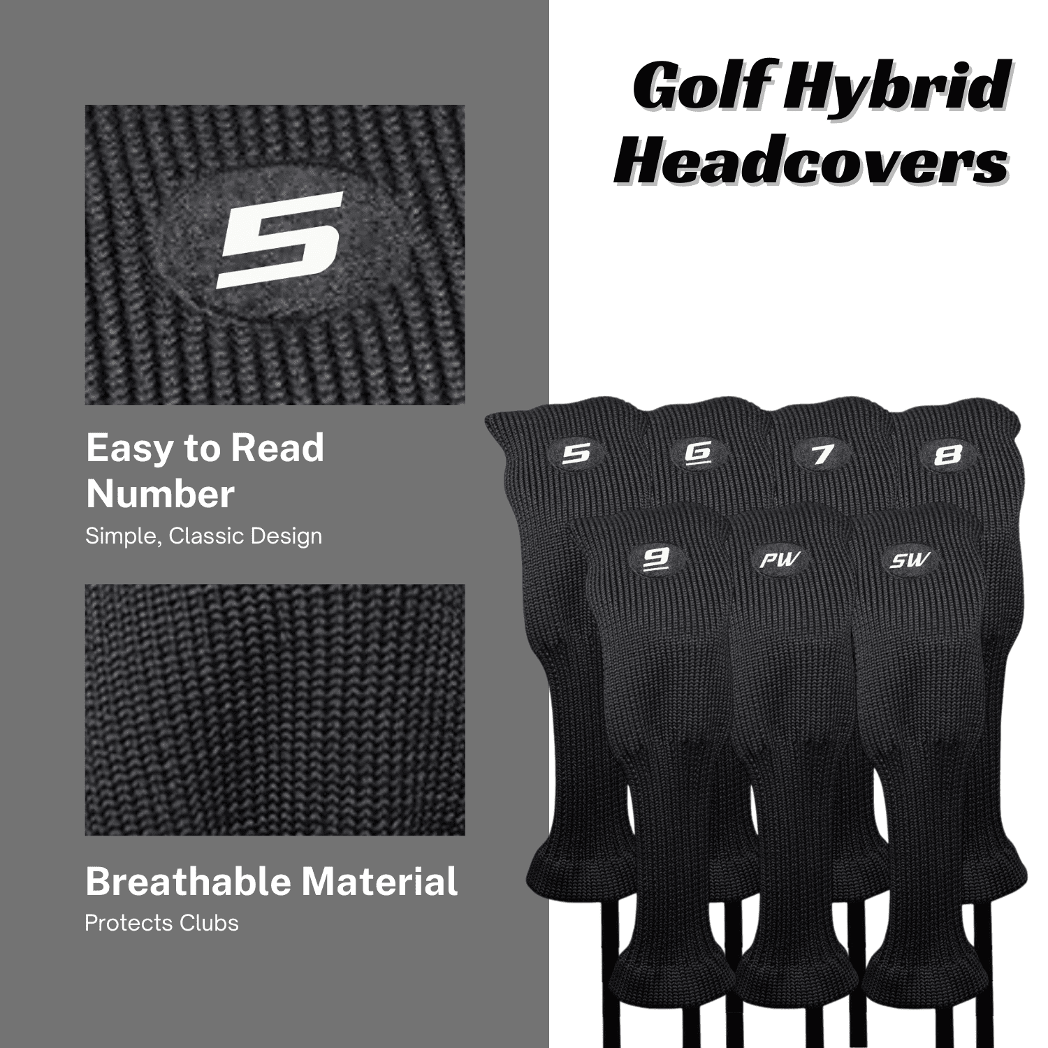 Majek All Hybrid Head Cover Golf Club Black Sleek Tight Fit Headcover Set 5-SW Acrylic Head Covers 5 6 7 8 9 PW SW Easy to See Large White Embroidered Numbers