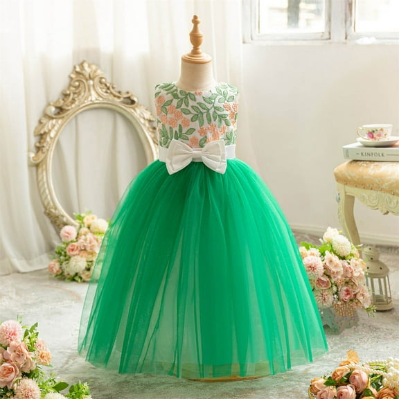 NAISIBABY Girls Formal Pageant Dress, Floral Bow Embroidery Mesh Sleeveless Wedding Birthday Princess Dress Green 6T