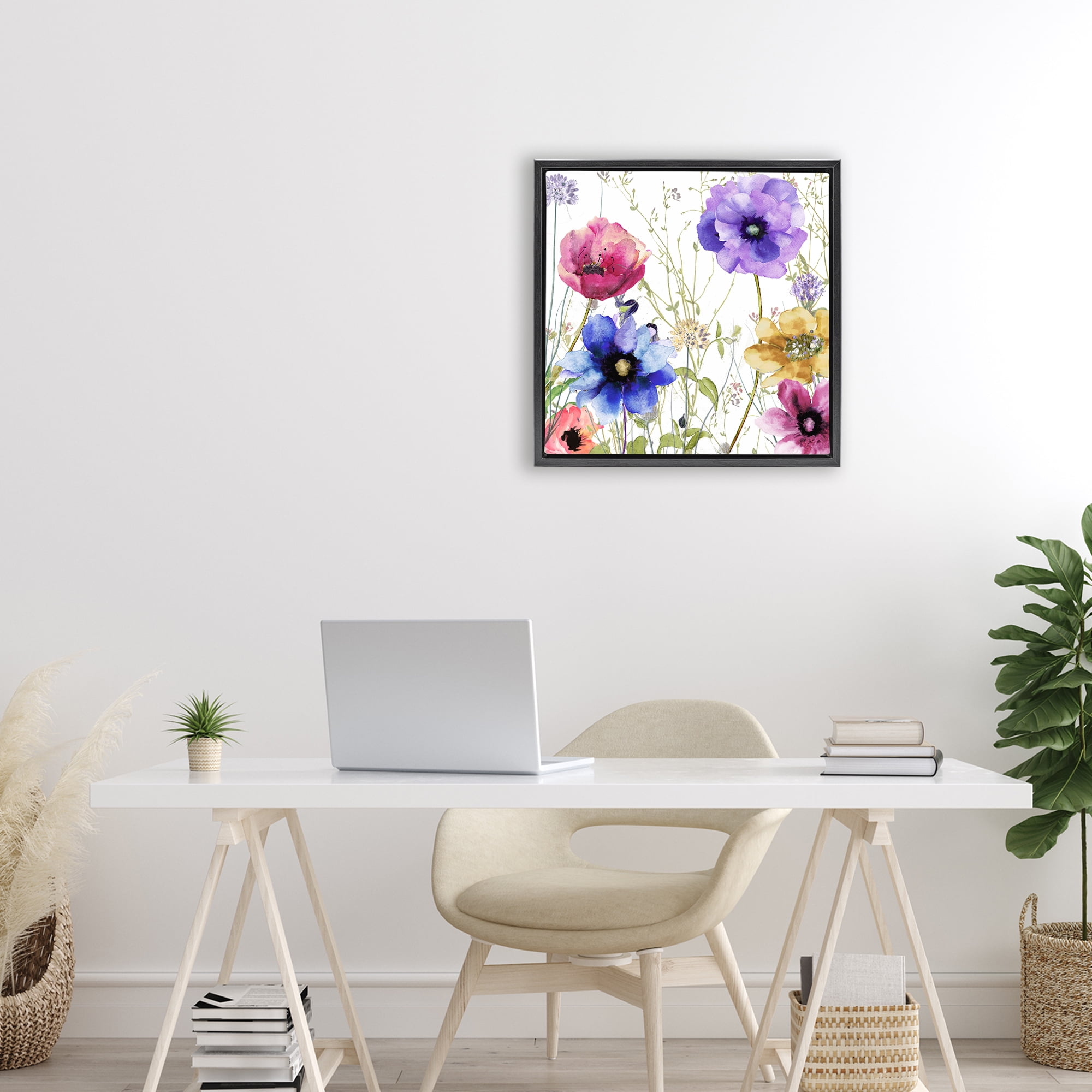 Modern Spring Garden Flowers Black Framed Floater Canvas Wall Art, design by Sasha
