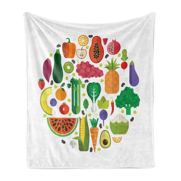 Vegetable Soft Flannel Fleece Blanket, Healthy and Fresh Ingredients in Circle Vegetarian Yummy and Natural Food Theme, Cozy Plush for Indoor and Outdoor Use, 70" x 90", Multicolor, by Ambesonne