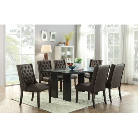 Espresso Microfiber Upholstery (Casual Modern Contemporary 7PC Espresso Diamond Tufting Soft Cushion Seat Dark Brown Table Dining Set PU)