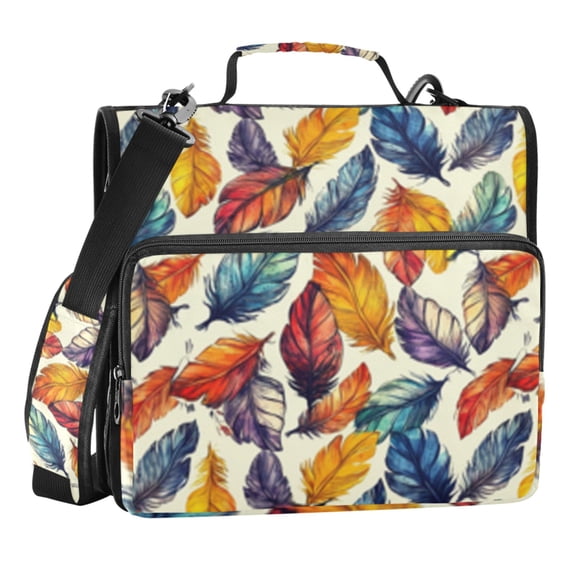Zipper Binder Colored Feathers 1.5 Inch Binder Folder Bag with Shoulder Strap and Handle