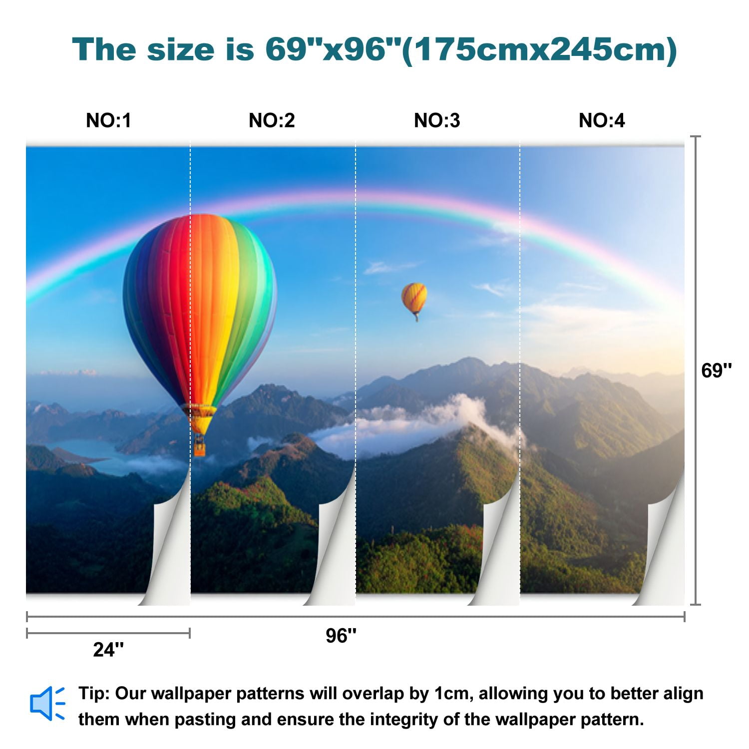 Peel and Stick Wallpaper Colorful Hot Air Balloons Mountain Landscape Rainbow Modern Art Wall Mural Decor Self Adhesive and Removable 69in x 98in