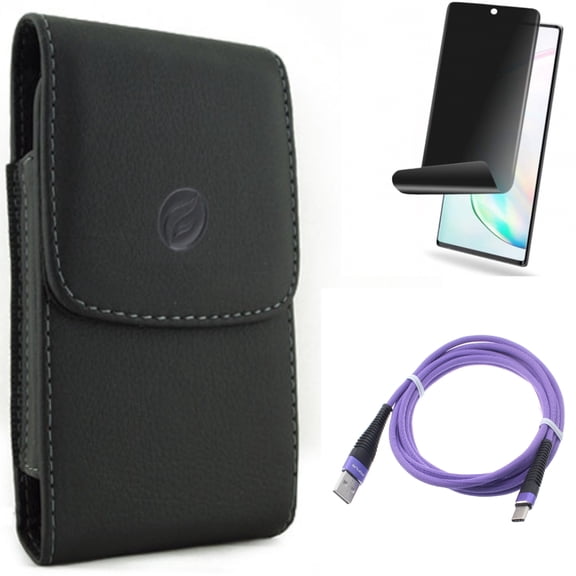 Case Belt Clip & 6ft USB Cable & Privacy Screen Protector for Samsung Galaxy Note 20 (6.7") - Combo with Leather Holster & Purple Type-C & TPU Film Anti-Peep