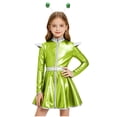 thumbnail image 5 of iiniim Girls Halloween Alien Long Sleeves Zip Up A-line Dress with Belt and Hair Hoop Shiny Metallic Outer Space Green 6, 5 of 7