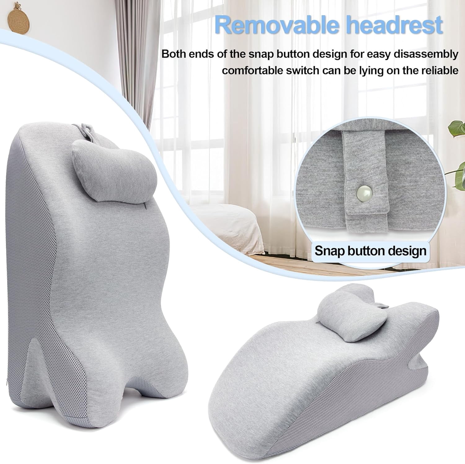 ShadeMart Light Grey Adult Ergonomic Memory Foam Bed Triangle Wedge Pillow Headboard with Face Down Massage Prone Pillow Function for Reading, with Washable Cover