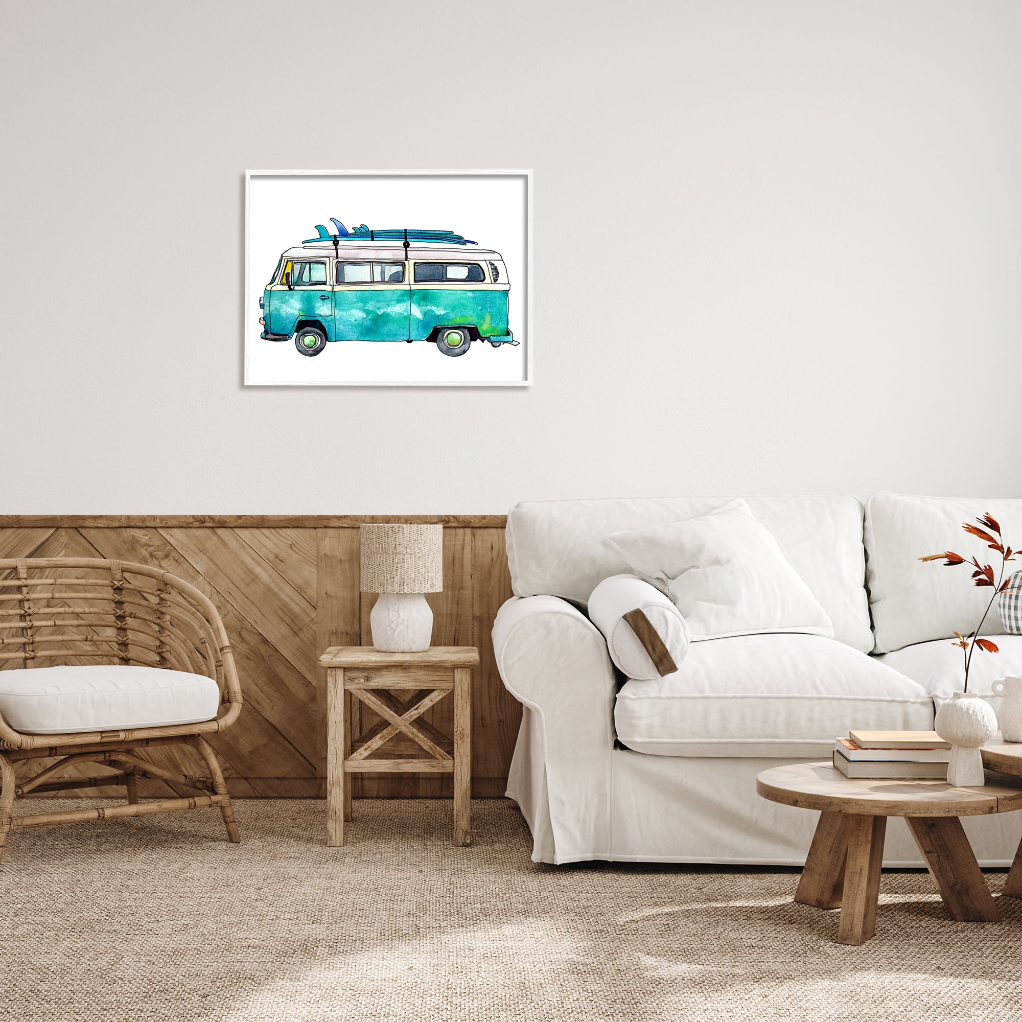 Stupell Summer Vacation Surfboard Van Landscape Painting White Framed Art Print Wall Art