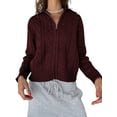 thumbnail image 2 of Women Trendy Collared Long Sleeve Zipper Front Cable Knit Cardigan Sweater Fall Oversized Coat Wine Red S, 2 of 7