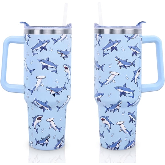 40oz Shark Tumbler with Handle & Straw - Insulated Coffee Travel Mug Water Bottle - Blue Shark Design - Gift for Mom, Women, Girls (Birthday, Christmas, Mother''s Day)