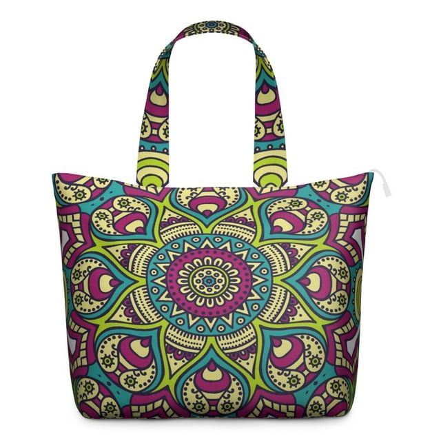 Psychedelic Trippy Mala Travel Bag Healing Energy Duffel with Geometric Pattern, Relaxation Meditation Inspired Weekender Tote