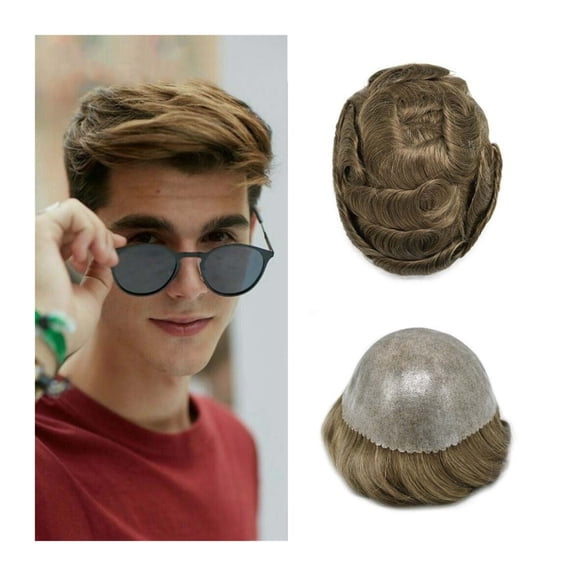 Men's Toupee Human Hair 0.1-0.12mm Transparent Injected PU Skin Male Toupee Hairpiece Natural Hairline Medium Blonde Men Hair Replacement System