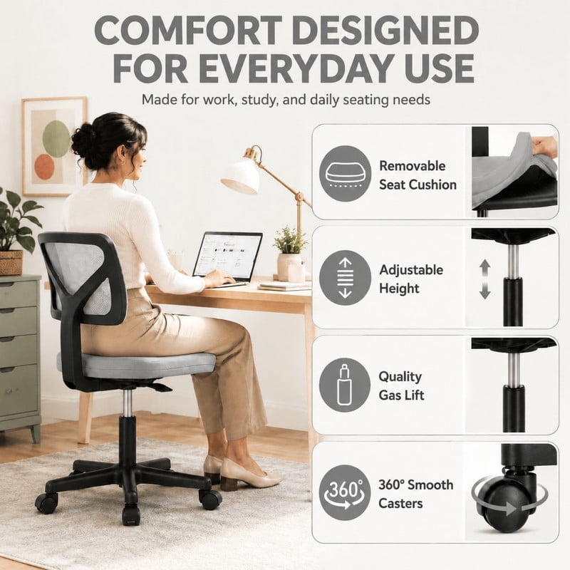 BEAUTYPEAK Desk Chair with Y-Shaped Lumbar Support Adjustable Armless Mesh Office Chair with Wheels for Home Office, Gray
