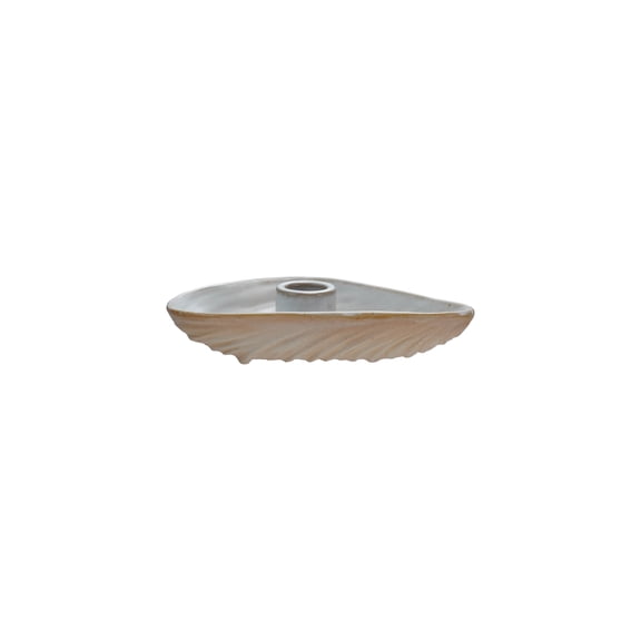 Creative Co-Op Stoneware Oyster Shell Shaped Taper Holder/Dish with Reactive Glaze, White