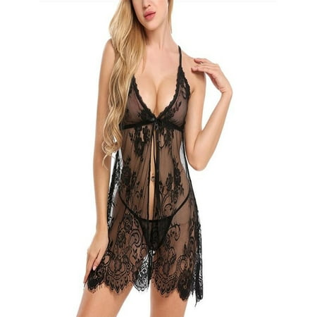

Tregren 2Pcs Women s Sexy Eyelash See-through Sling Pajamas Push-Up Lace Dress Ladies Floral Erotic Lingerie