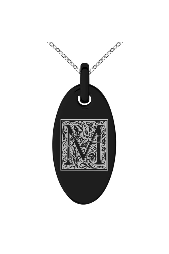 Stainless Steel Letter M Initial Floral Box Monogram Engraved Small Oval Charm Pendant Necklace