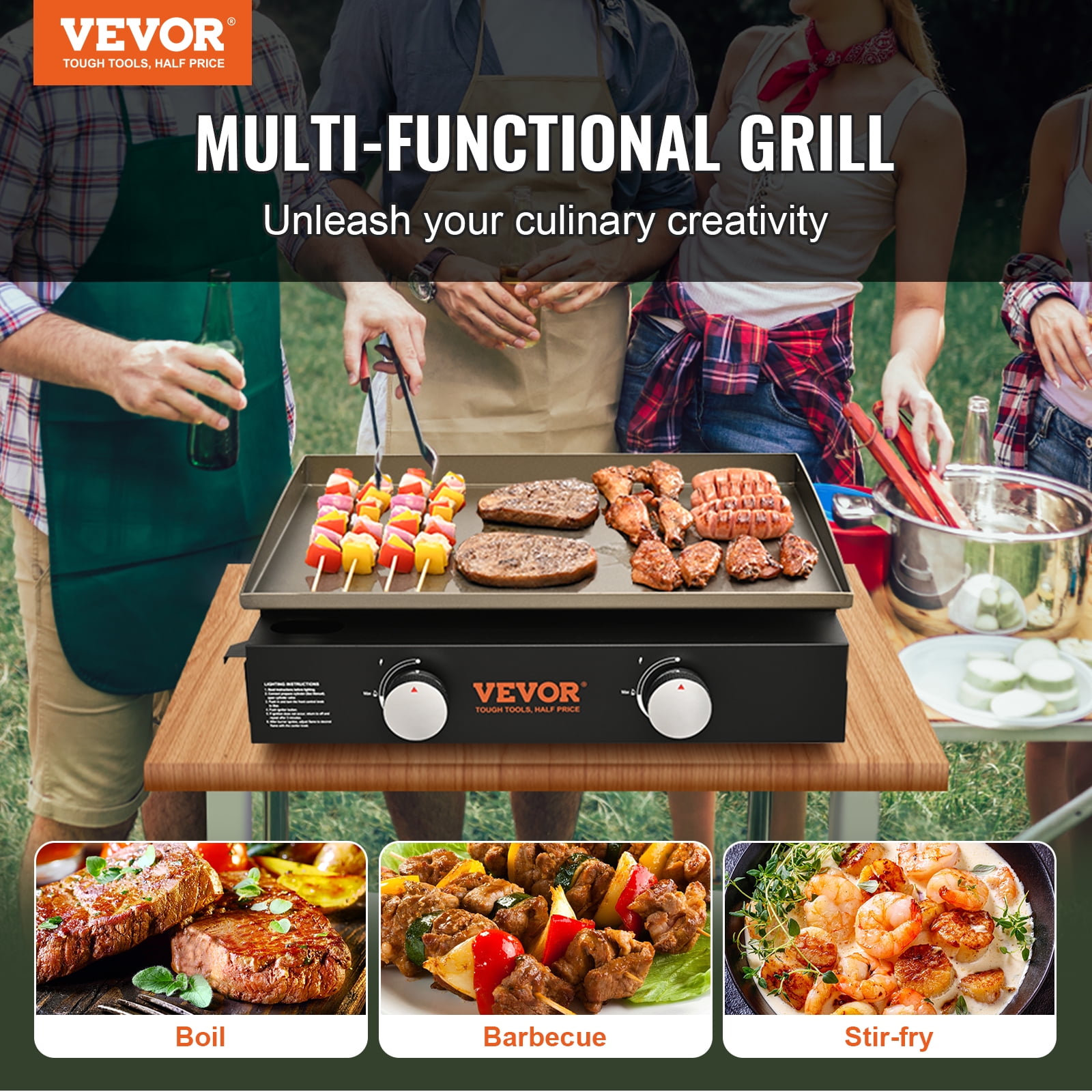VEVOR Commercial Griddle, 22.4" Heavy Duty Manual Flat Top Griddle, Countertop Gas Grill with Non-Stick Cooking Plate, Steel Natural Gas Griddle, H-Shaped Burner Restaurant Portable Grill, 13,000 BTU