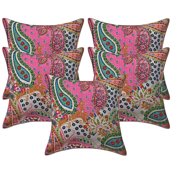 Stylo Culture Ethnic Sofa Throw Pillow Covers 16x16 Floral Kantha Light Pink Printed 40 x 40 cm Home Decor Cotton Paisley Square Cushion Covers | Set Of 5