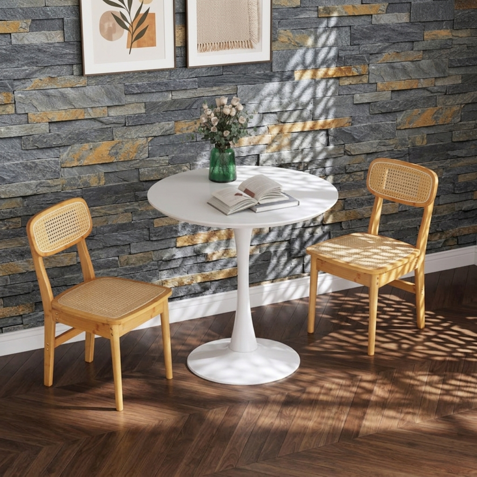 Furnibear Rattan Dining Chairs Set of 2 with Hollow Out Backrest and Wooden Legs Natural
