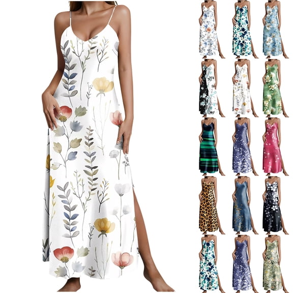 Zpzdpjkx Women's Summer Floral Printed Maxi Dress Breathable Comfy V-Neck Spaghetti Strap Side Slit Cami Dress Nightgown Beige S
