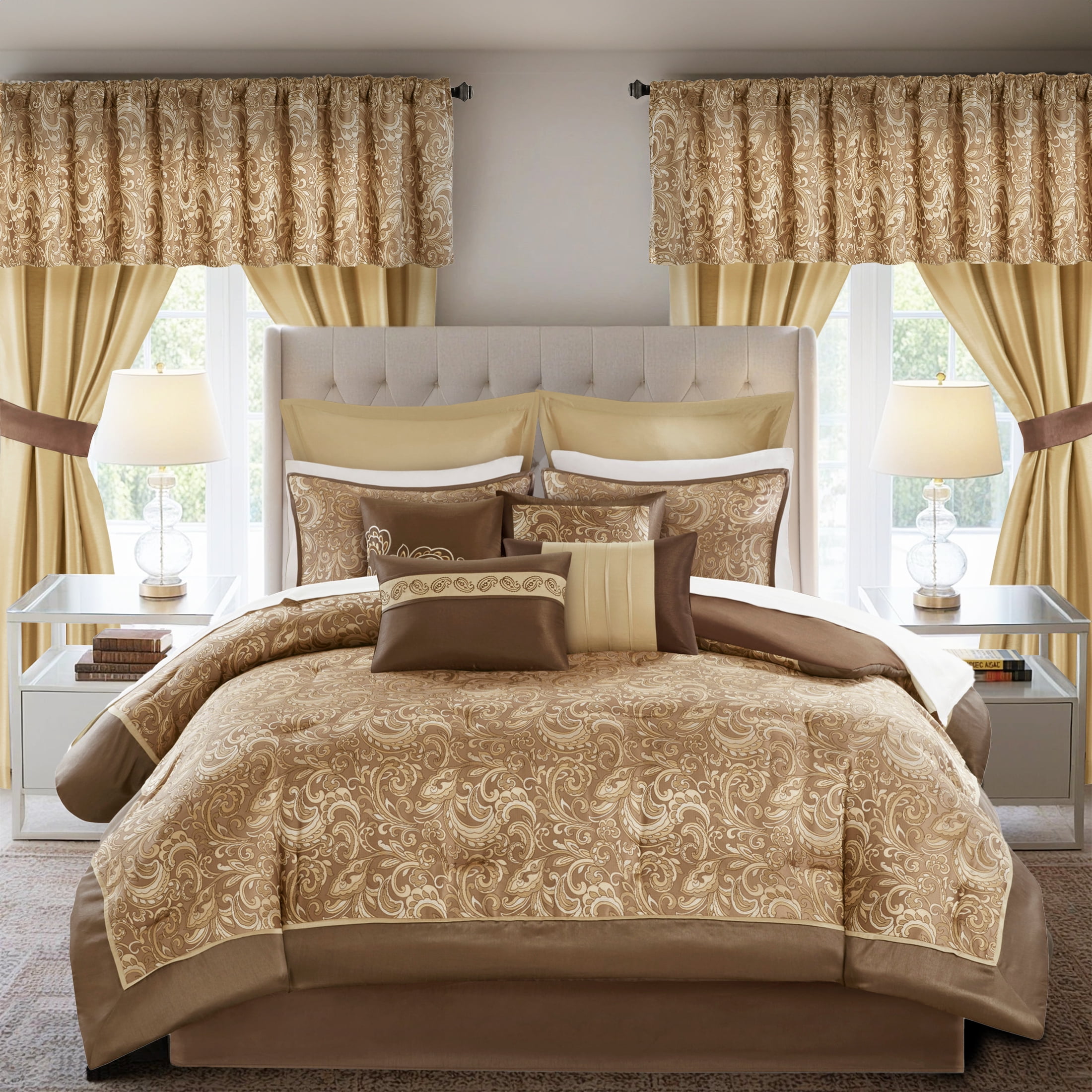 Regency Heights 24PCs Traditional Paisley Jacquard Comforter Set with Window Curtains,Room in a Bag,Queen,24 Pieces-Brown