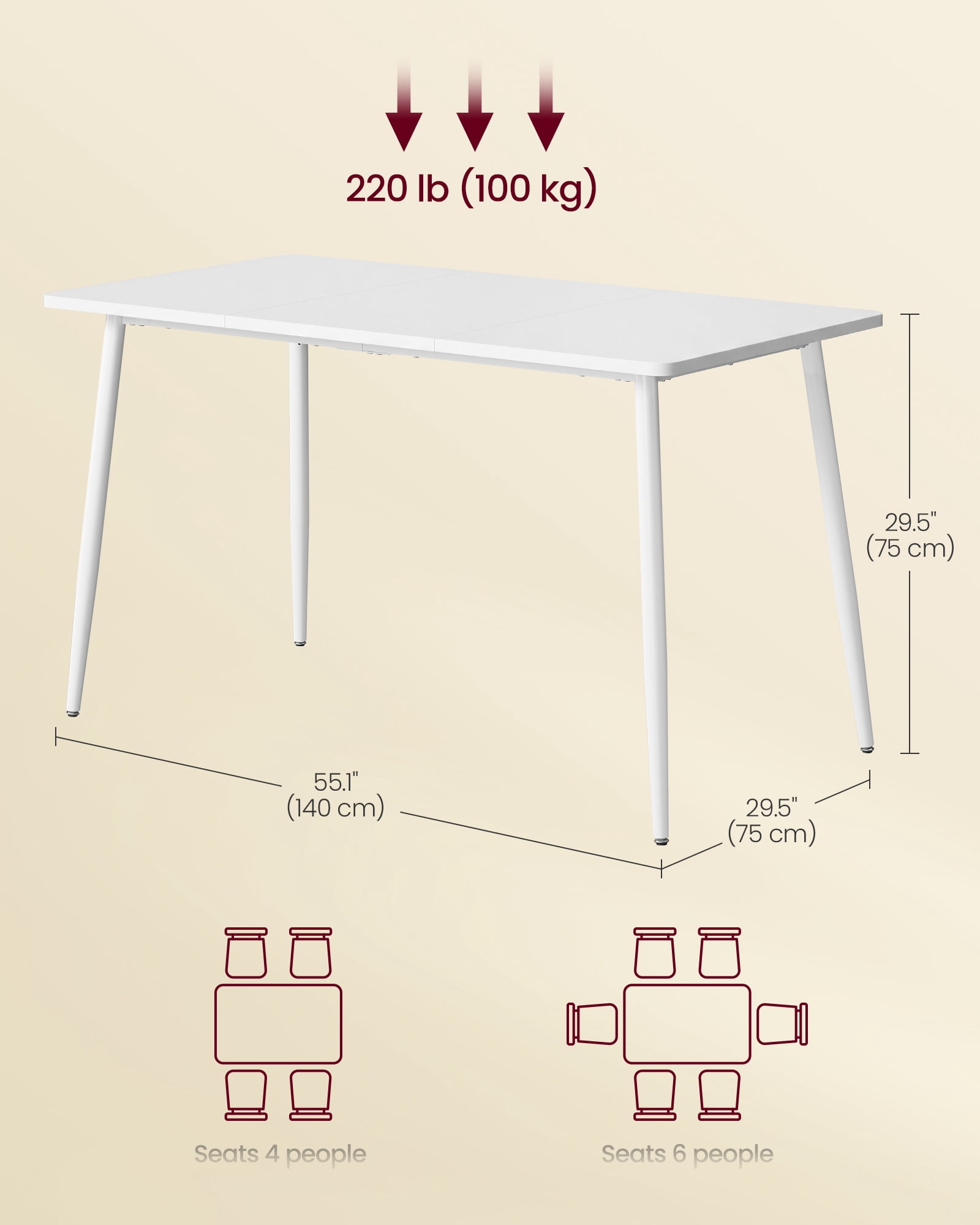 VASAGLE Dining Table, Dining Room Table for 4-6 People, Modern, Quick Assembly, Heat-Resistant Surface, 29.5 x 55.1 x 29.5 Inches, Snow White