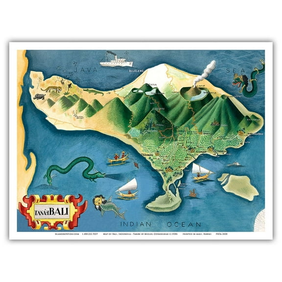 Map of Bali Indonesia - Tanáh (Tanah) Lot Balinese Temple - Vintage Pictorial Map by Miguel Covarrubias c.1930s - Master Art Print (Unframed) 9in x 12in