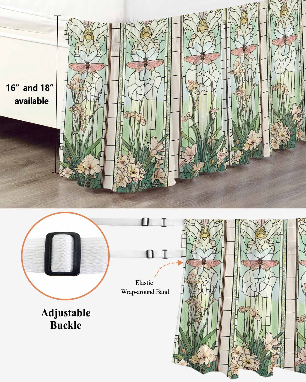 Green Vintage Stained Glass Bed Skirt Flowers Butterfly Bed Skirts Queen Size 16 Inch Drop, Wrap Around Dust Ruffle&nbsp;Bedskirt with Adjustable Elastic Belt for Queen Size Beds