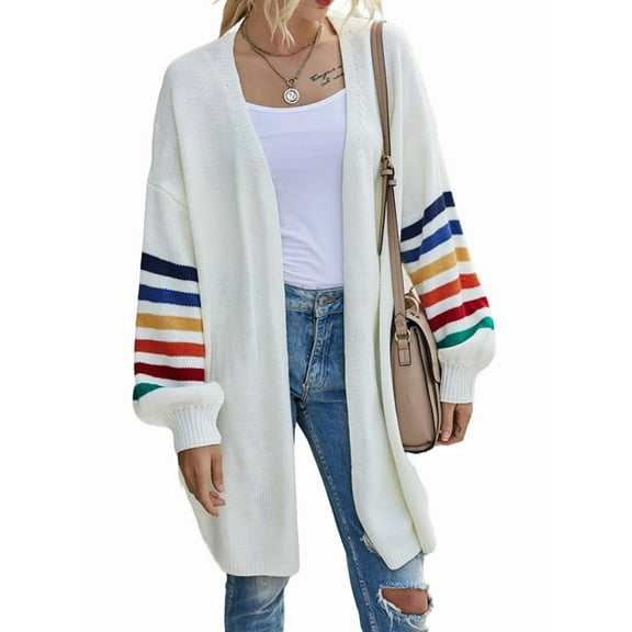 Women'S Long Open Front Cardigan Striped Color Block Loose Knit Sweaters Outwear Coat White XL