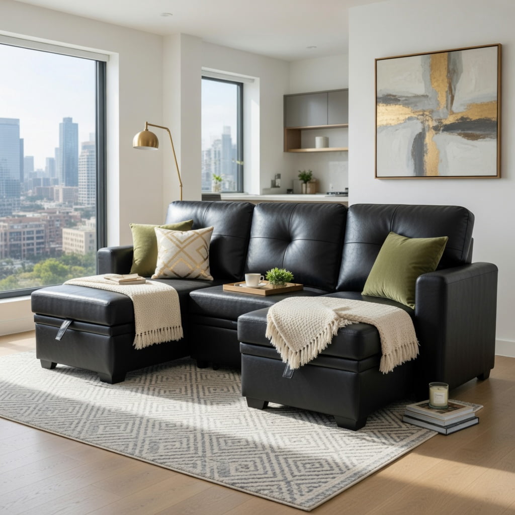 Hommoo L-Shaped Sleeper Sectional Sofa with Pull-Out Bed, Reversible Chaise & Hidden Storage, Contemporary Convertible Living Room Furniture for Small Spaces, Black