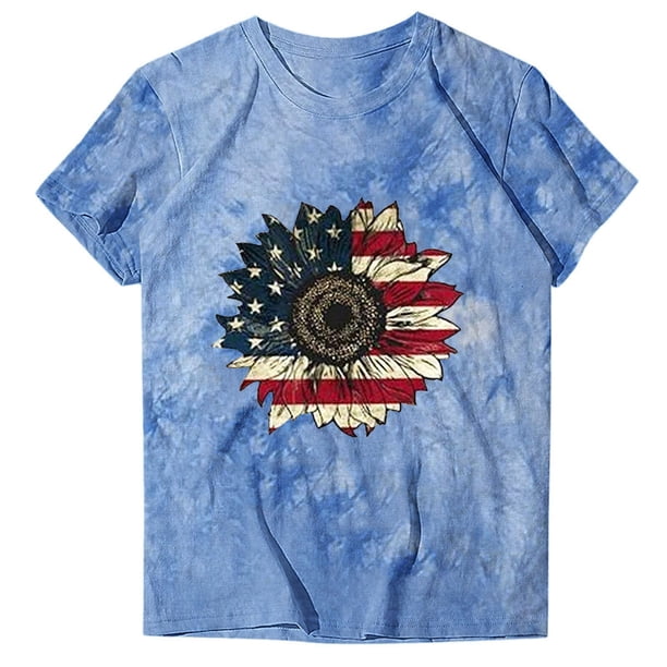 Blusa Informal Elegante Para Mujer, Camisetas Divertidas Y Lindas de Manga Corta Con Estampado de Bandera Del Día de La Independencia, Camiseta Teñida Anudada Odeerbi ODB165521