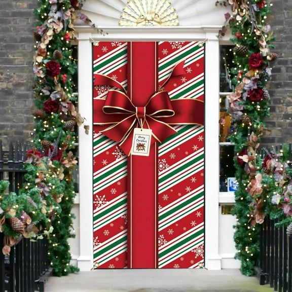 1 Pc Christmas Theme Party Door Cover Super Large Gift Box with Bows Snowflakes and Bells Door Banner Photography Background Christmas Party Supplies Decorations 35.4x72.8 Inch diy
