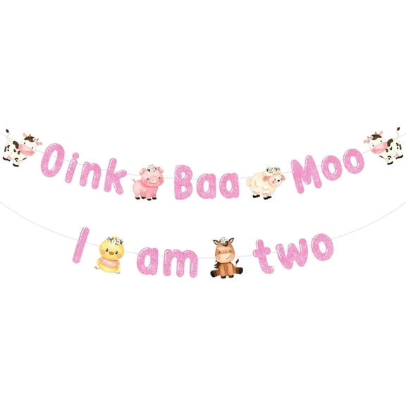JOYMEMO Pink Oink Baa Moo I am Two Banner - Farm Animal 2nd Birthday Party Decorations Girl, Farm Animals Theme Barnyard Second Birthday Party Supplies