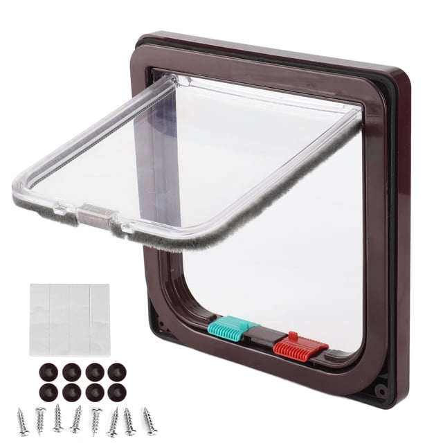 Puerta abatible de seguridad con cerradura para gatos, puerta abatible de plástico para mascotas pequeñas, suministros para mascotas para el hogar, marrón S