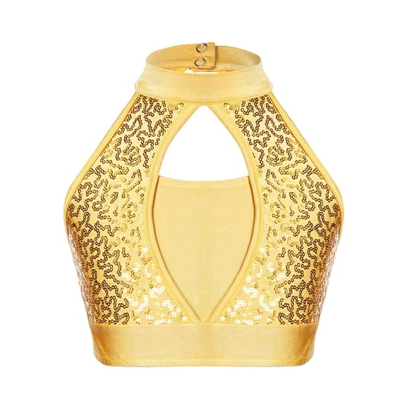 iefiel Haut Court de Danse à Sequins pour Filles Sans Manches Col Montant Dos Trou de Serrure Chemise de Gymnastique Jaune 12