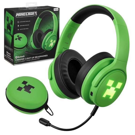 Minecraft Creeper Bluetooth Gaming Headphones for Kids with Boom Microphone and Light-Up Side Panels