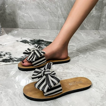 

Aayomet Women Slippers Beach Fashion Casual Cloth Flat Women s Stripe Large Size Slippers Bowknot Women s slipper Black 8