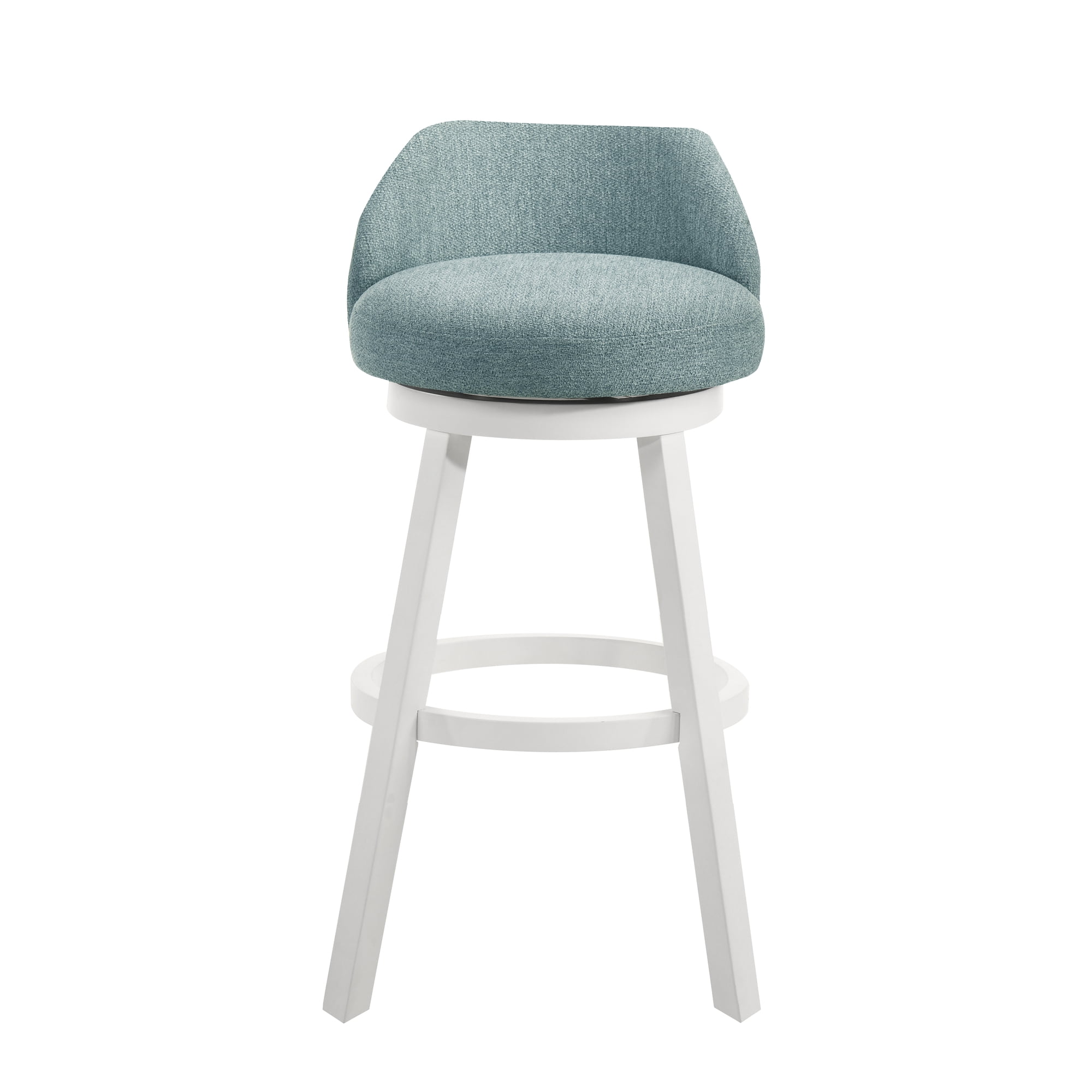 Erika Modern Transitional Swivel Wood Bar Height Kitchen Bar Stool in White Finish with Light Blue Fabric Upholstered Seat - Set of 4