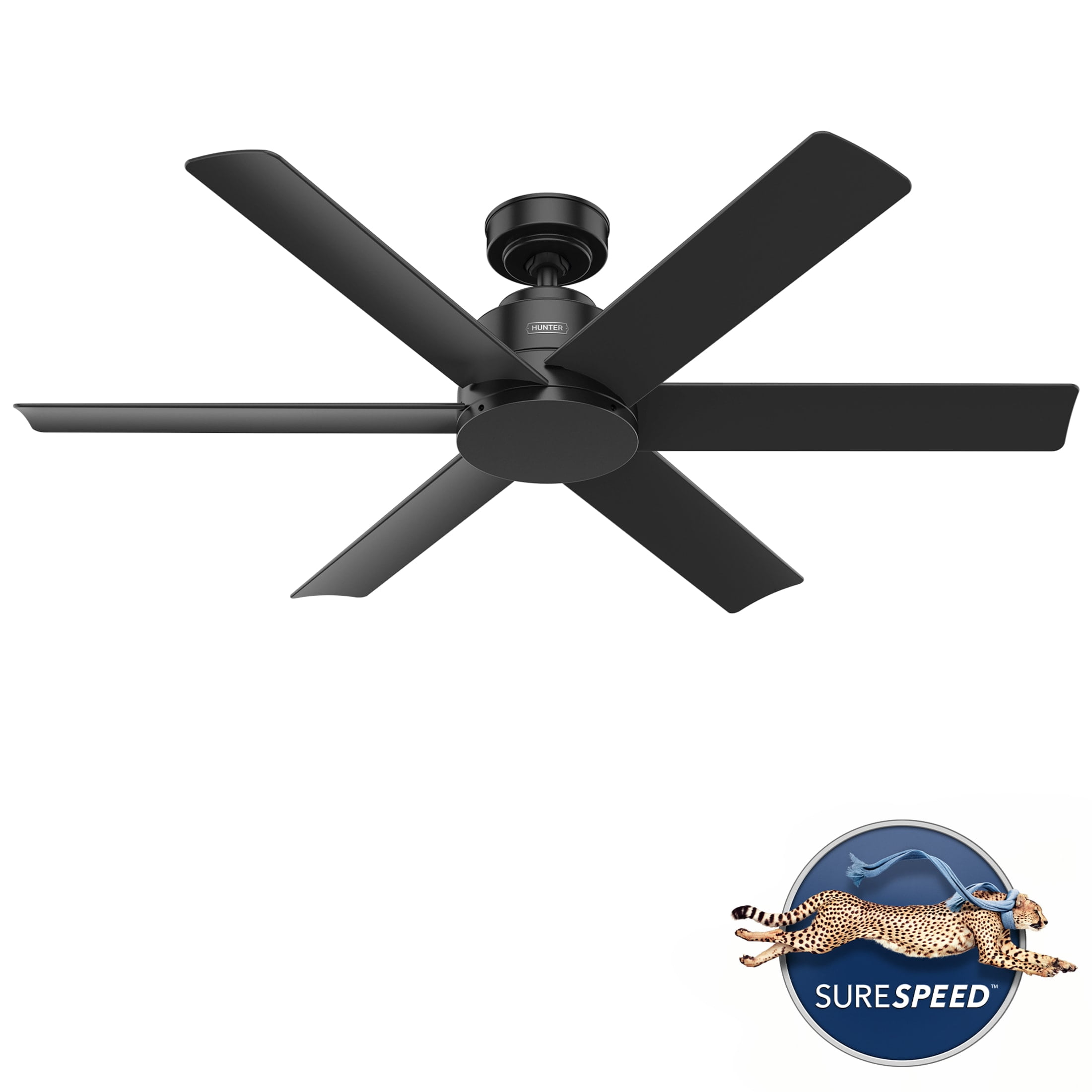 Hunter 52 inch Outdoor or Indoor Ceiling Fan No Light - Black Ceiling Fan without Light, For Patio, Porch, Garage, or Living Room, Standard Mount, 6 Blades, Wall Control - Kennicott 51180, Matte Blac