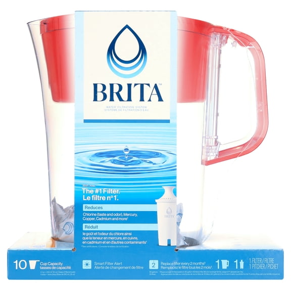 Brita 10 Cup Large Plastic Water Filter Pitcher, Red, BPA Free with 1 Standard Brita Filter