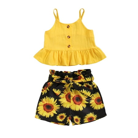 

18 Months Baby Girls Clothes 24 Months Toddler Baby Girls Summer 2PCS Outfits Suspender Ruffle Top Sunflower Print Shorts Set Yellow