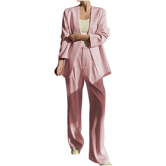 Fmbrln Womens Two Piece Outfits Long Sleeve Blazer Jacket Wide Leg Pants Matching Sets Business Casual Suit Sets Pink L