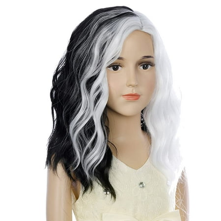 Eayy Black White Wig Shoulder Length Wig Black And White Wig Wavy Black White Wig Synthetic Hair Cosplay Costume Two Tone Wig Black And White Half Black Half White Child Size