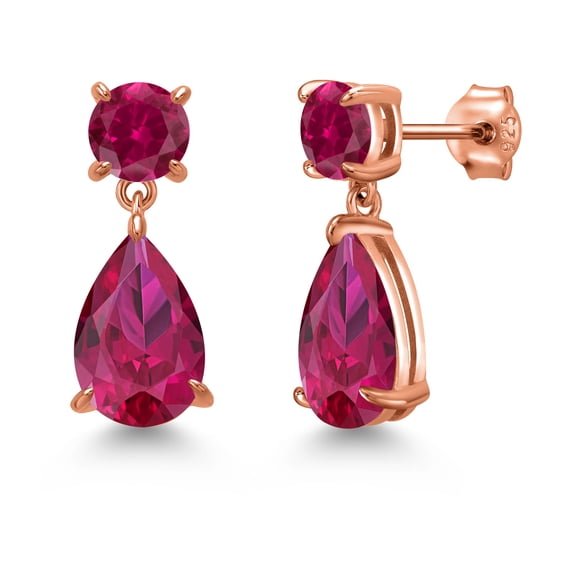 Gem Stone King 18K Rose Gold Plated Silver Red Created Ruby Teardrop Dangle Drop Earrings for Women (8.96 Cttw, Gemstone Birthstone, Pear Shape 12x8MM, Round 6MM)