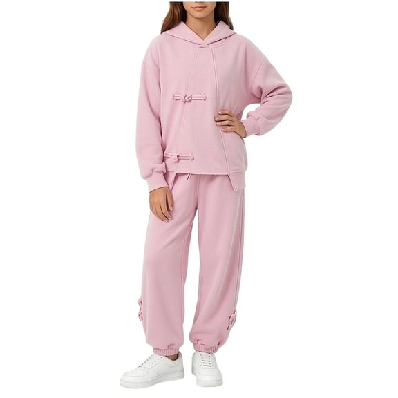 SERTGUTR Girls' Hoodie Pullover Set Loose Fit Drop Shoulder Frog Button Detail Jogger Pants Casual Two Piece School Everyday Outerwear