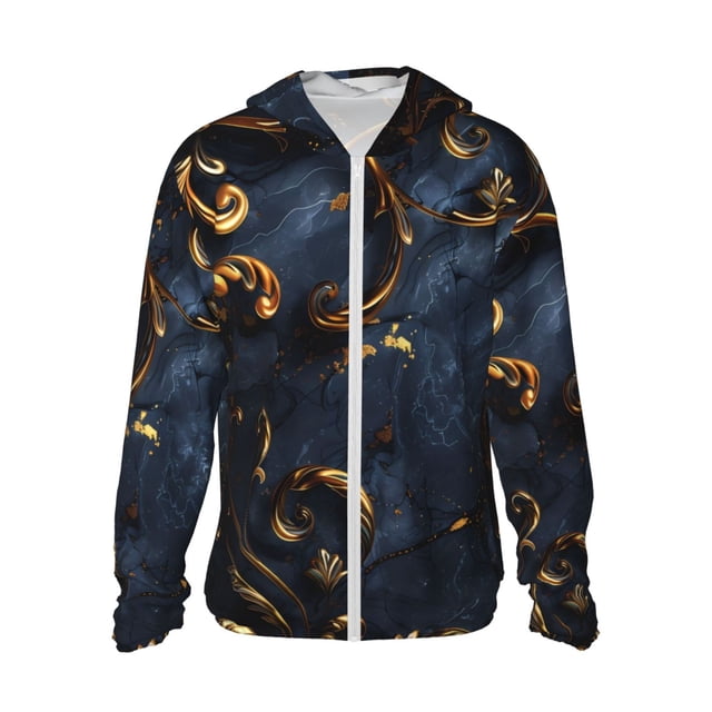 Fotbe Elegant Gold Scrollwork Chaqueta con Protección Solar UPF 50+ para Hombre y Mujer, Camisa con Capucha y Bolsillos-Medium