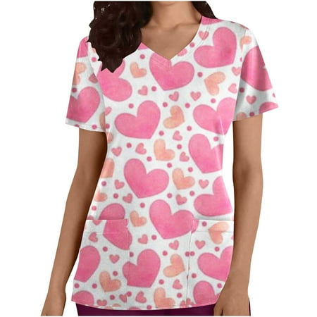 

Hfyihgf Nurse Uniforms Tunic for Women Valentine s Day Scrub Tops Heart Patterned Short Sleeve V-Neck Workwear T Shirt with Pockets(Pink XXL)