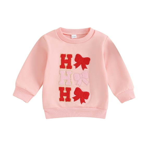 Kids Girls Sweatshirts Christmas Clothes Letter Bow Embroidered Crew Neck Long Sleeve Fall Toddler Pullovers Tops