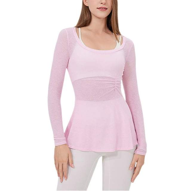 Timegard Yoga T Shirts for Women Fitting Ruched Long Sleeve Round Neck Blouses Workout Solid Color Quick Drying Tops
