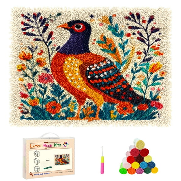 DIY Latch Hook Rug Kits Cartoon Pheasant in Flowers Stamped Non-slip Mat Crochet Yarn Hook and Latch Emboridery Tapestry for Home Floor Decor and Pet Warm Cushion 52x38cm(4)
