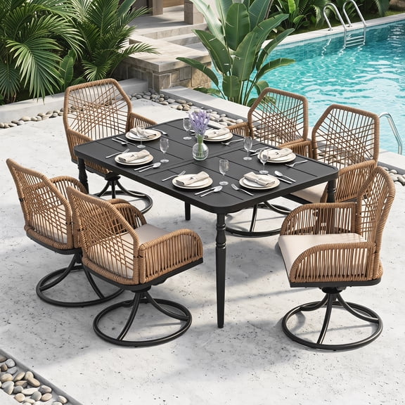 Nuu Garden 7-Piece Outdoor Dining Set with Umbrella Hole, Twisted Rattan Swivel Chairs with Cushions, Powder-Coated Metal Frame, Brown and Black